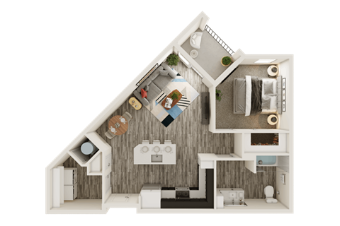 Floor plan for 1 bed, 1 bath, 764 sqft